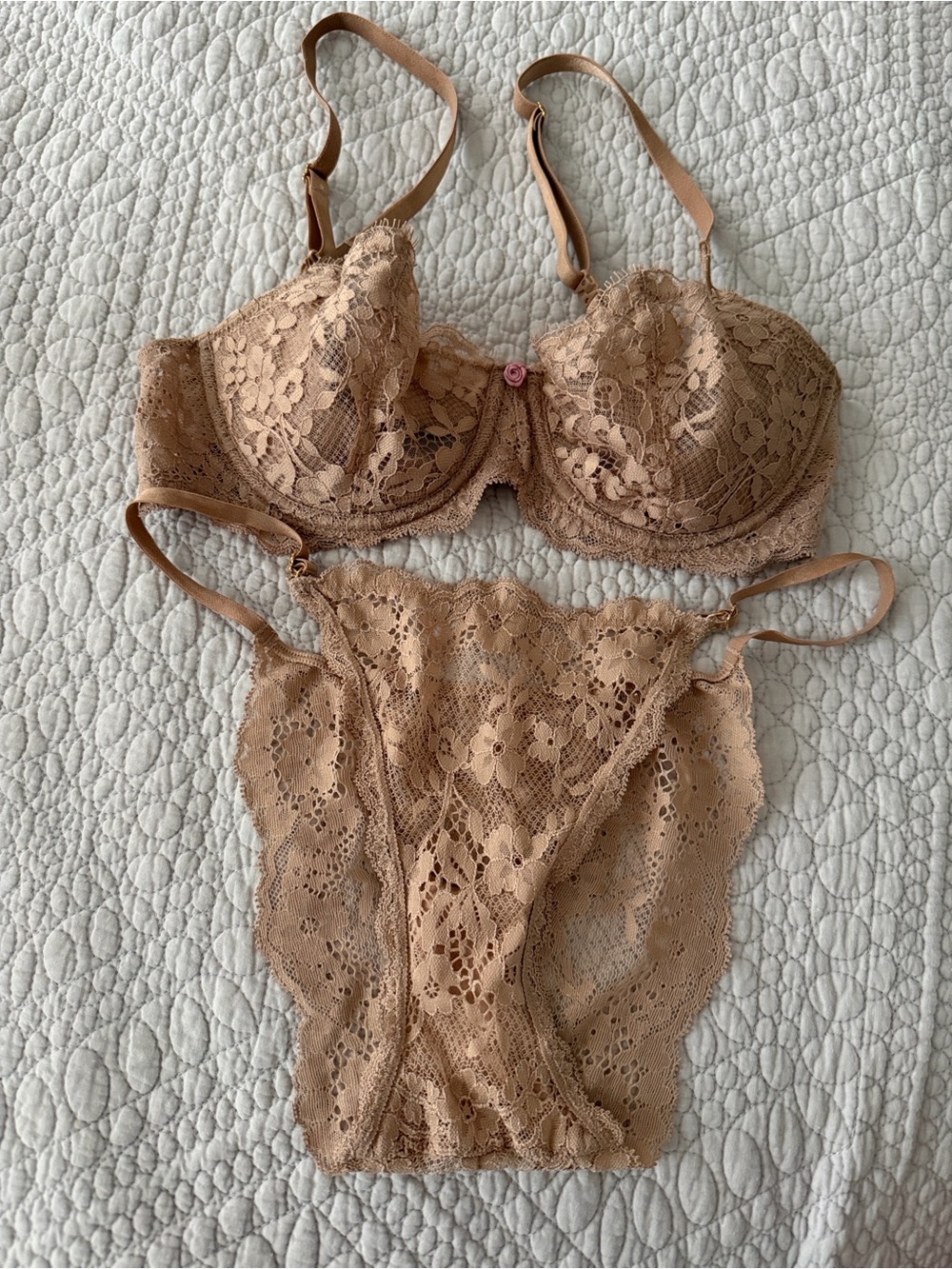 Victoria's Secret Lace Underwire Bra and Bikini Set - Nude Beige